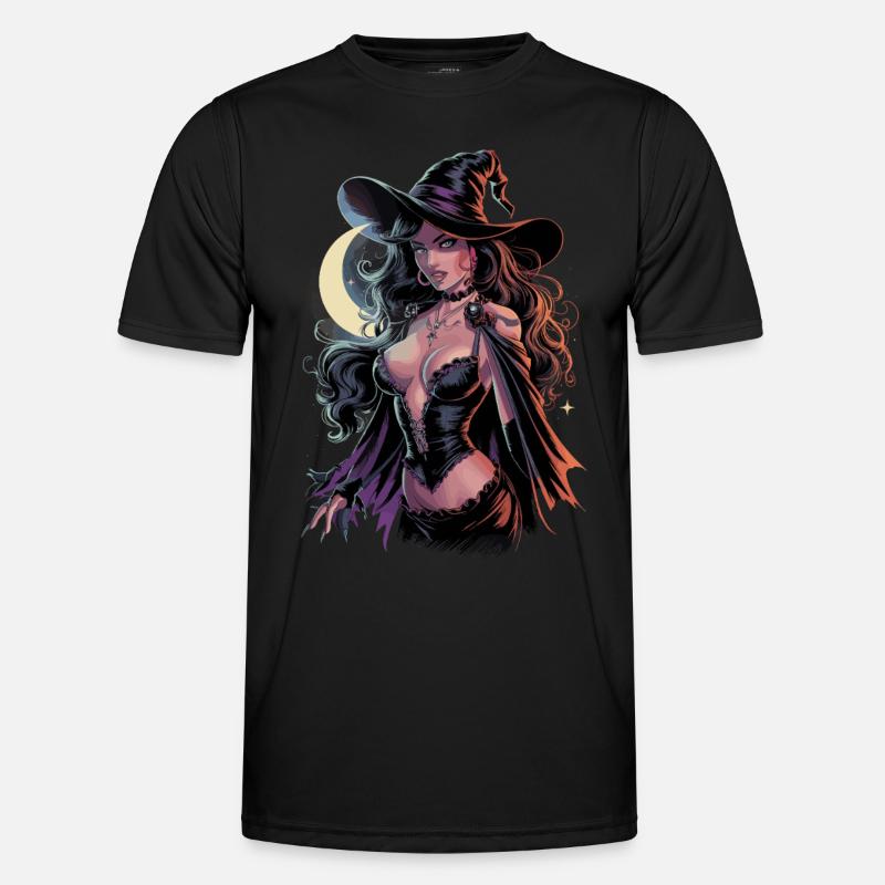 Beautiful witch in the moonlight with magic hat and - Men's Functional T-Shirt - black
