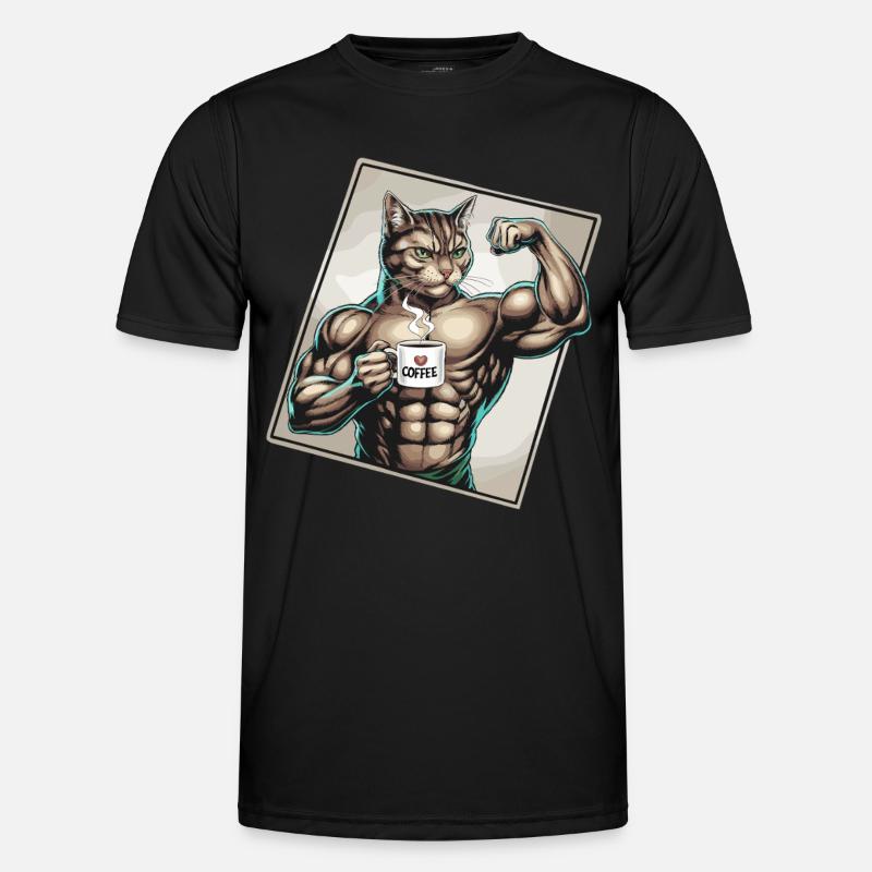 Powerful cat with coffee - Men's Functional T-Shirt - black