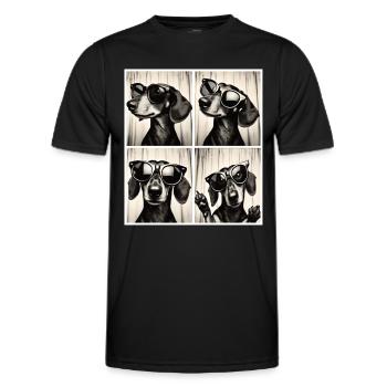 Retro photo strip with dachshund and sunglasses - Men's Functional T-Shirt - black - Front - AI Model Male 178 dark (178cm)