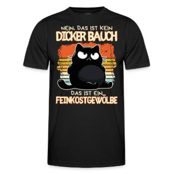 Feinkostgewölbe: Genervte schwarze Katze mit Bauch - Männer Funktions-T-Shirt - Schwarz - Vorne - AI Model Male 178 dark (178cm)