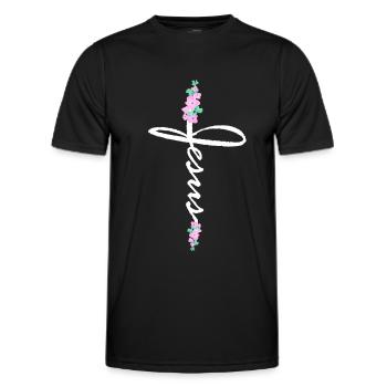 Jesus Kreuz Schriftzug Mit Blumen - Männer Funktions-T-Shirt - Schwarz - Vorne - AI Model Male 178 dark (178cm)