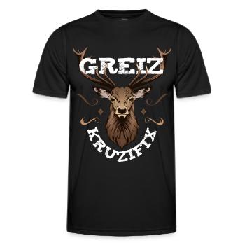 Greiz Kruzifix Fluchen bayrischer Dialekt Hirsch - Männer Funktions-T-Shirt - Schwarz - Vorne - AI Model Male 178 dark (178cm)