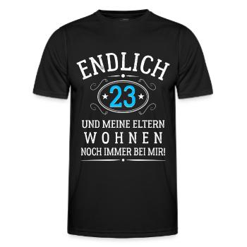 Endlich 23 Und meine Eltern wohnen noch bei mir - Männer Funktions-T-Shirt - Schwarz - Vorne - AI Model Male 178 dark (178cm)