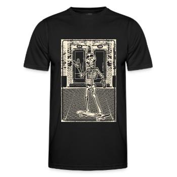 Skelett mit Skateboard vor Backsteinmauerwerk - Männer Funktions-T-Shirt - Schwarz - Vorne - AI Model Male 178 dark (178cm)