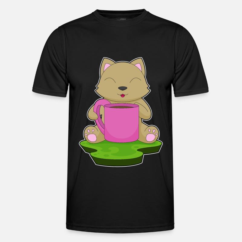 Katze Kaffee Becher - Männer Funktions-T-Shirt - Schwarz
