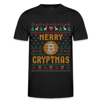 Ugly christmas Merry Cryptmas Bitcoin Weihnachten - Men's Functional T-Shirt - black - Front - AI Model Male 178 dark (178cm)