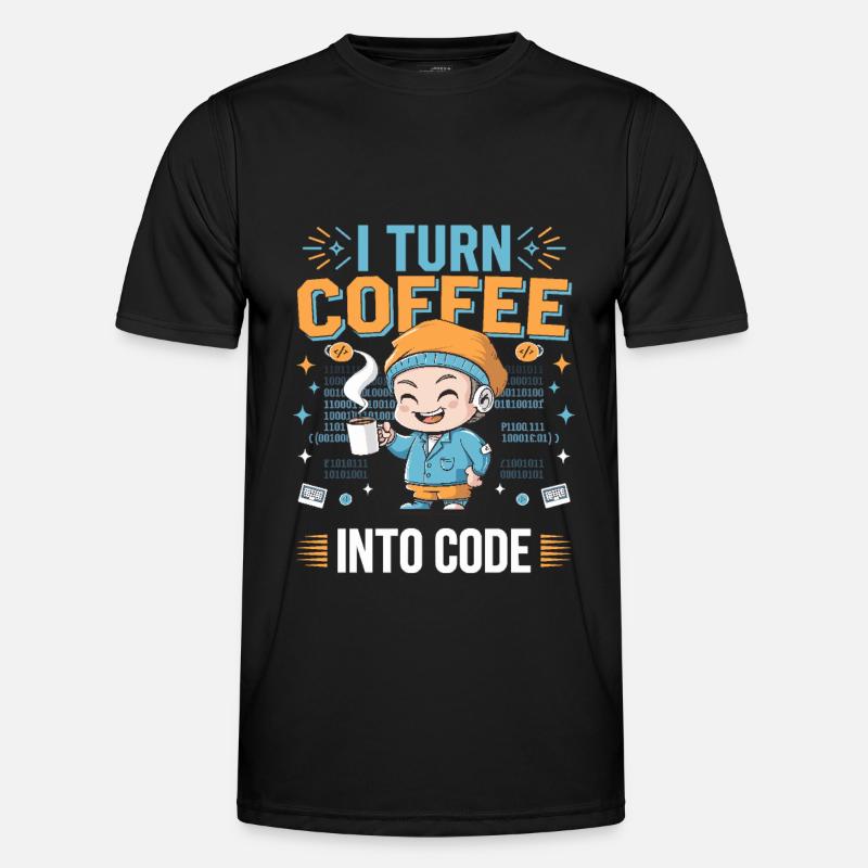 I turn coffee into code – Funny IT design - Men's Functional T-Shirt - black