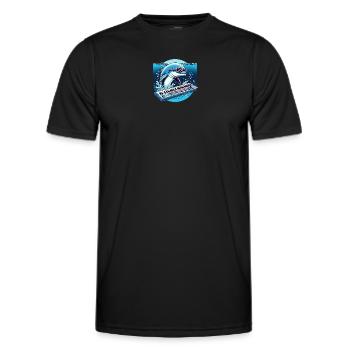A 80s dolphin with a synthesizer underwater. - Men's Functional T-Shirt - black - Front - AI Model Male 178 dark (178cm)
