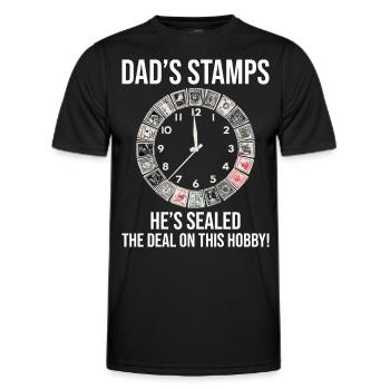 Timbres-poste d’époque Collectionneur de papa - T-shirt sport Homme - noir - Devant - AI Model Male 178 dark (178cm)