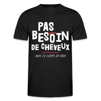 Cadeau - Humour - Cheveux - Calvitie - Rigolo - T-shirt sport Homme - noir - Devant - AI Model Male 178 dark (178cm)