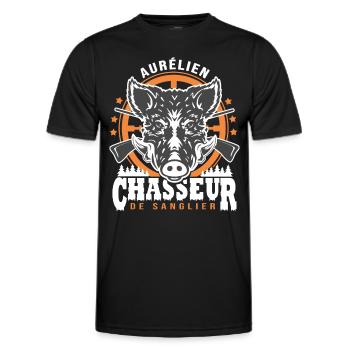 Aurélien chasseur de sanglier Humour Chasse - T-shirt sport Homme - noir - Devant - AI Model Male 178 dark (178cm)
