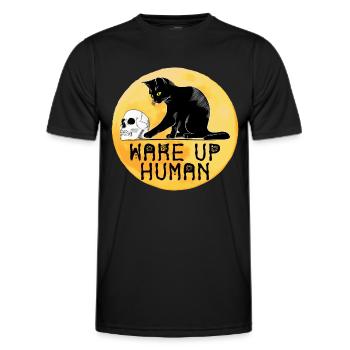 Wake Up Human Funny Cat mit Totenkopf - Männer Funktions-T-Shirt - Schwarz - Vorne - AI Model Male 178 dark (178cm)