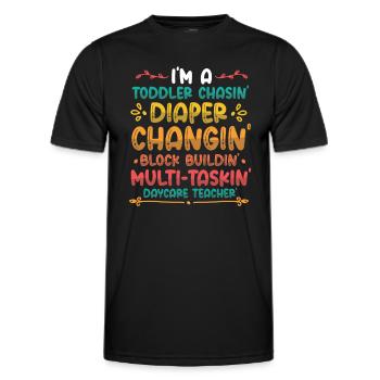 Toddler chases diaper changing childminder - Men's Functional T-Shirt - black - Front - AI Model Male 178 dark (178cm)