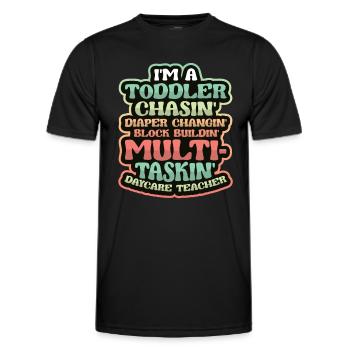 Toddler chases diaper changing childminder - Men's Functional T-Shirt - black - Front - AI Model Male 178 dark (178cm)