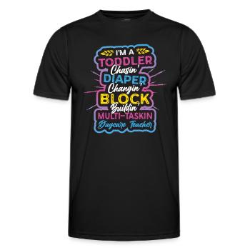 Toddler chases diaper, changing childminder - Men's Functional T-Shirt - black - Front - AI Model Male 178 dark (178cm)