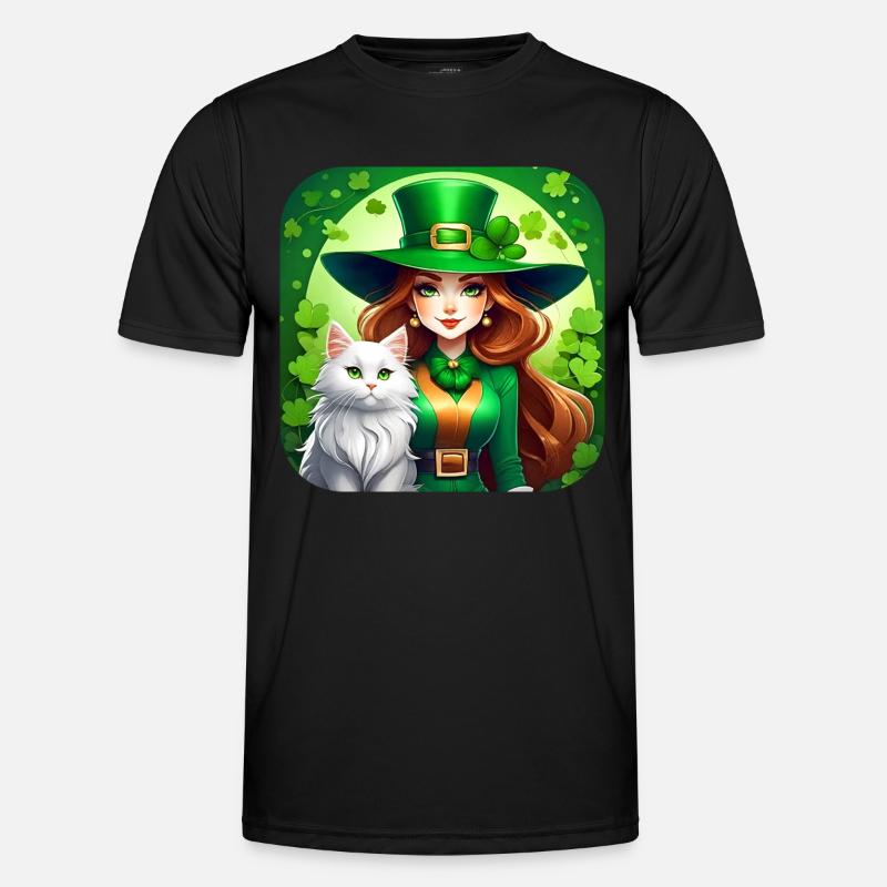 Saint Patricks Day Koboldin mit Katze Männer Funktions-T-Shirt