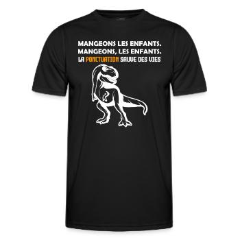 dinosaure. Mangeons, les enfants. - T-shirt sport Homme - noir - Devant - AI Model Male 178 dark (178cm)