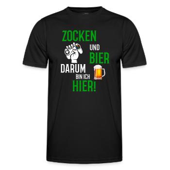 Zocken und Bier darum bin ich hier Gamer LAN Party - Männer Funktions-T-Shirt - Schwarz - Vorne - AI Model Male 178 dark (178cm)