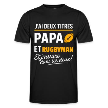 2 titres papa et rugbyman Rugby fête des pères - T-shirt sport Homme - noir - Devant - AI Model Male 178 dark (178cm)