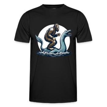 Bigfoot Sasquatch chevauchant le monstre du Loch Ness - T-shirt sport Homme - noir - Devant - AI Model Male 178 dark (178cm)