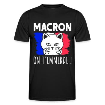 Macron On T'Emmerde ! Chat Chaton Humour - T-shirt sport Homme - noir - Devant - AI Model Male 178 dark (178cm)