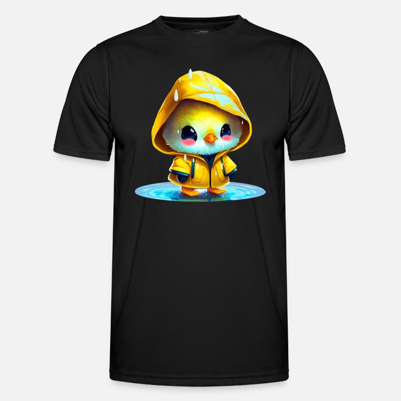 Raincoat wearing chick in puddle Men's Functional T-Shirt