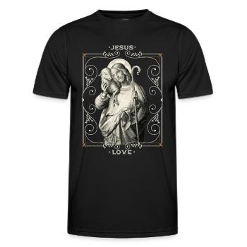 Jesus-mit-Schäfchen, Hirte, Jesus Christus - Männer Funktions-T-Shirt - Schwarz - Vorne - AI Model Male 178 dark (178cm)