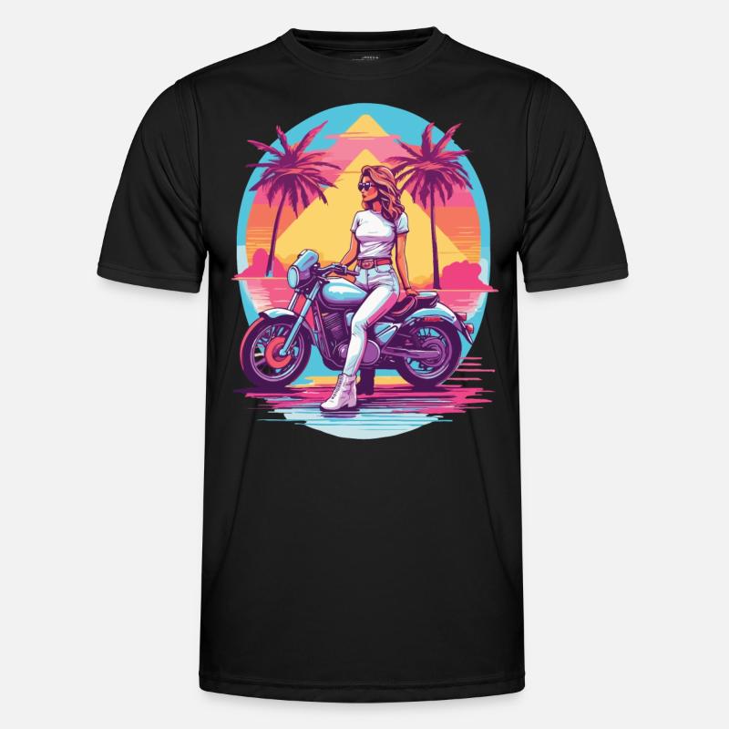Retro Synthwave Biker Motorcycle Design Men's Functional T-Shirt