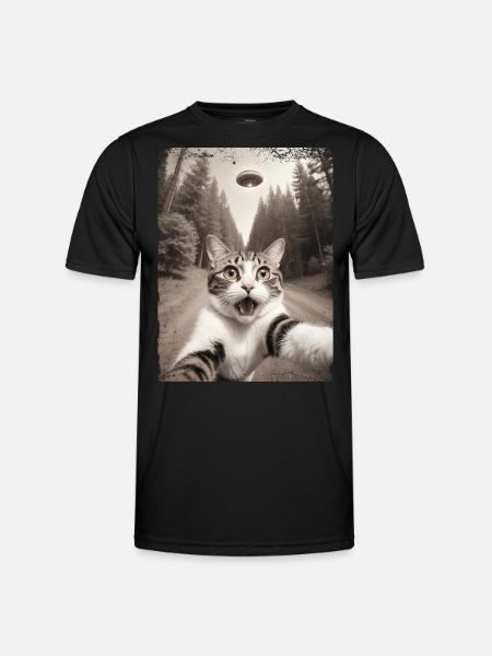 Funny Cat Selfie Alien Spaceship - Men's Functional T-Shirt - black