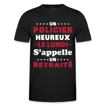 un policier heureux le lundi s'appelle un retraité - T-shirt sport Homme - noir - Devant - AI Model Male 178 dark (178cm)