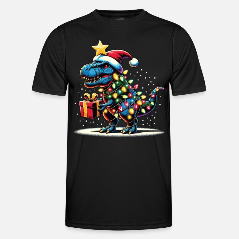 Tree Rex - Dino mit Weihnachtslichtern - Männer Funktions-T-Shirt - Schwarz