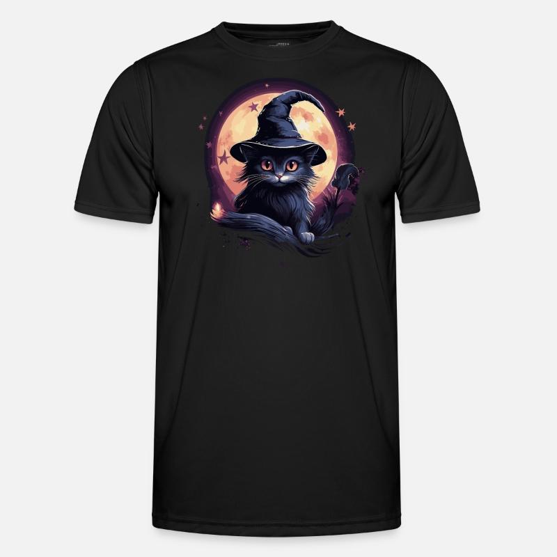 Schwarze Katze mit Hexenhut - Männer Funktions-T-Shirt - Schwarz