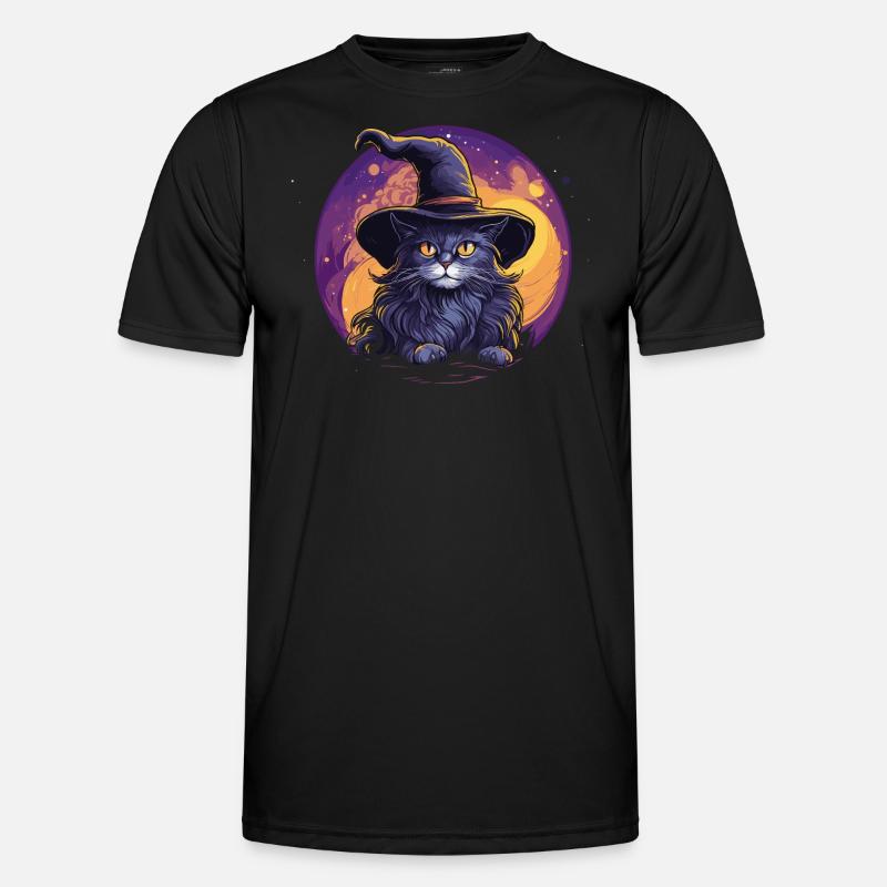Schwarze Katze mit Hexenhut - Männer Funktions-T-Shirt - Schwarz