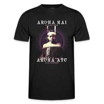 Aroha Mai, Maori Liebe Sprichwort Design, NZ Kiwi - Männer Funktions-T-Shirt - Schwarz - Vorne - AI Model Male 178 dark (178cm)