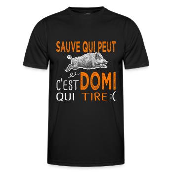 c' est Domi qui tire Humour Dominique Chasse - T-shirt sport Homme - noir - Devant - AI Model Male 178 dark (178cm)