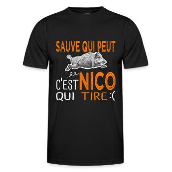 c'est Nico qui tire Humour Nicolas Nicole Chasse - T-shirt sport Homme - noir - Devant - AI Model Male 178 dark (178cm)