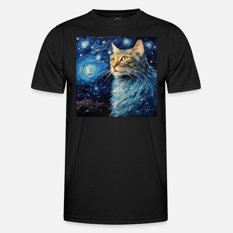 Cat, Cat Motif, Van Gogh, Starry Night Men's Functional T-Shirt