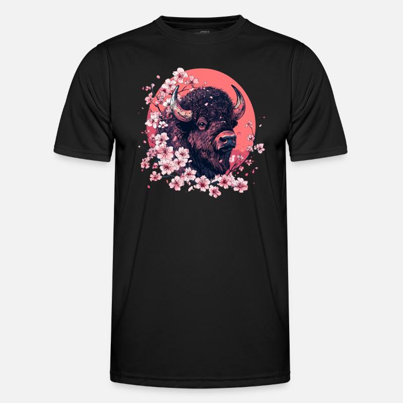 Bison mit Kirschblüten - Männer Funktions-T-Shirt - Schwarz
