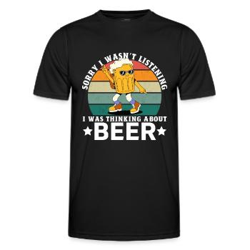 Désolé je n’écoutais pas, je pensais à la bière - T-shirt sport Homme - noir - Devant - AI Model Male 178 dark (178cm)