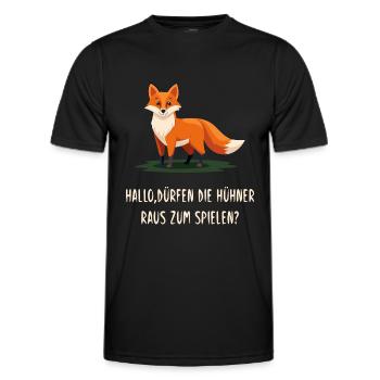 Hello, are the chickens allowed to play outside? Fox - Men's Functional T-Shirt - black - Front - AI Model Male 178 dark (178cm)