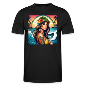 Jolie surfeuse fille sur la plage avec coucher de soleil - T-shirt sport Homme - noir - Devant - AI Model Male 178 dark (178cm)