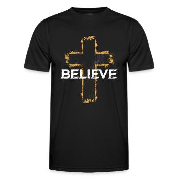 Believe Religion Kreuz Christen Christ Geschenk - Männer Funktions-T-Shirt - Schwarz - Vorne - AI Model Male 178 dark (178cm)