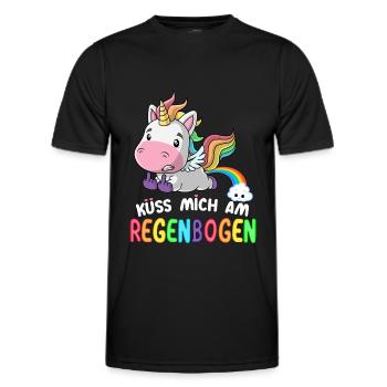Süßes Einhorn | Küss mich am Regenbogen - Männer Funktions-T-Shirt - Schwarz - Vorne - AI Model Male 178 dark (178cm)