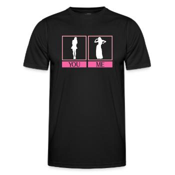 Elle: Femme normale Moi: Danseuse du ventre - Danseuse du ventre - T-shirt sport Homme - noir - Devant - AI Model Male 178 dark (178cm)