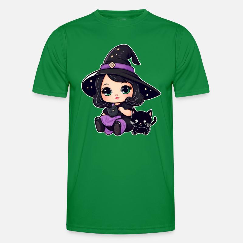 Niedliche Hexe mit schwarzer Katze Männer Funktions-T-Shirt
