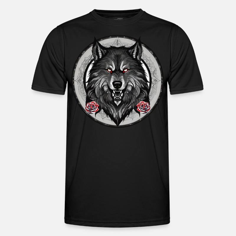 Grimmiger Wolf mit Rosen Männer Funktions-T-Shirt