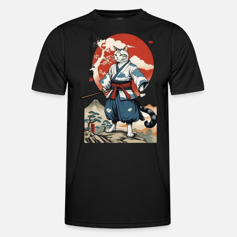 Chat Samouraï Vintage Ukiyo-E Japonais T-shirt sport Homme