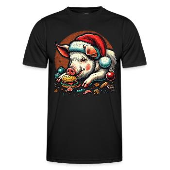 Greedy Christmas piglet in festive style - Men's Functional T-Shirt - black - Front - AI Model Male 178 dark (178cm)