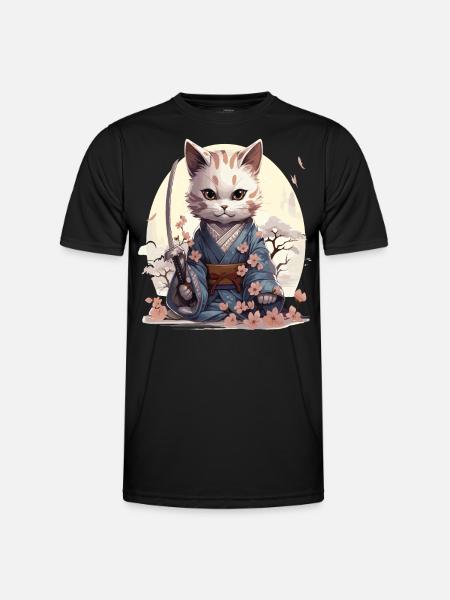 Kawaii Samurai-Katze mit Katana - Männer Funktions-T-Shirt - Schwarz