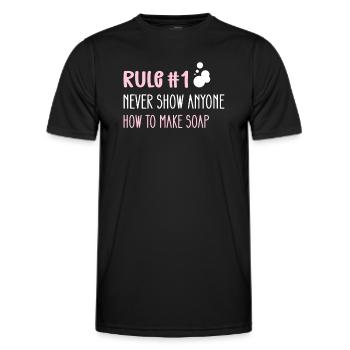 Rule 1: Never show anyone how to use soap - Men's Functional T-Shirt - black - Front - AI Model Male 178 dark (178cm)